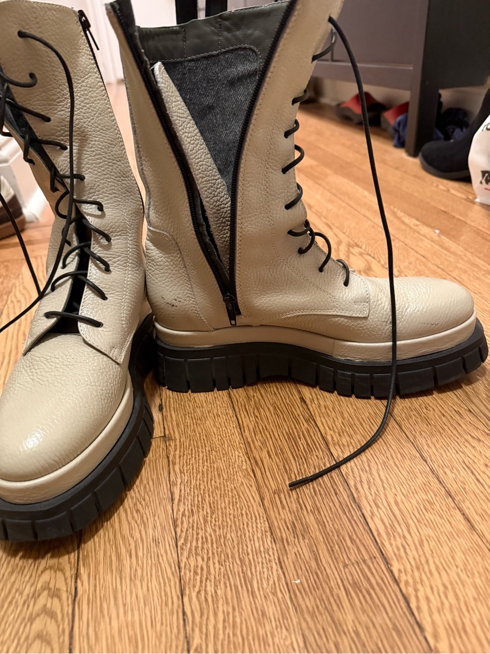 ALL-BLACK Brand of soft ecru leather combat-style lace-ups (or inner zipper)!